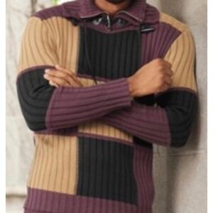 Stacy Adams Mens Colorblock Ribbed Knit Mock Neck Toggle Sweater Burgundy 3XL